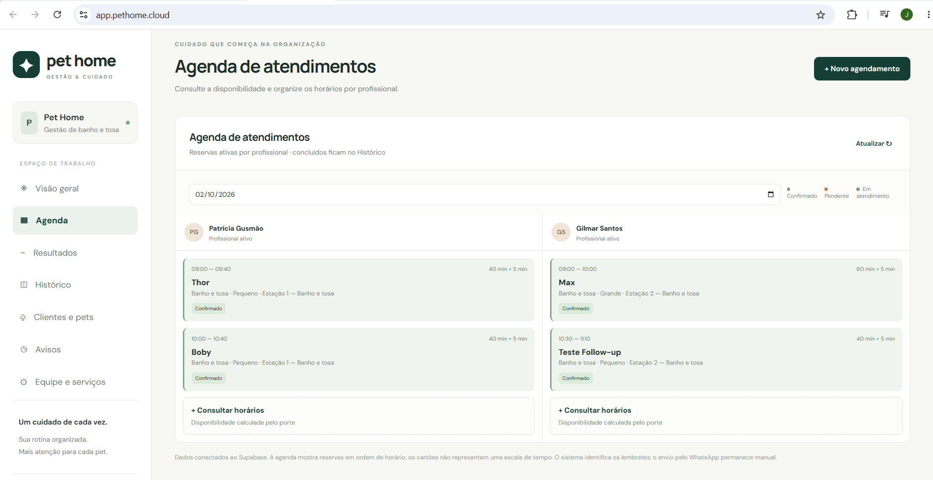 Agenda administrativa do sistema Pet Home